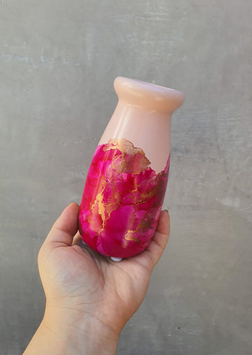 Milk bottle vase - Hand painted - Pink