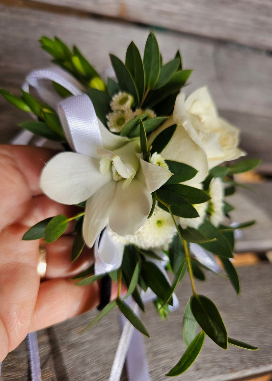 Handcrafted Fresh Floral Corsages - White & Green