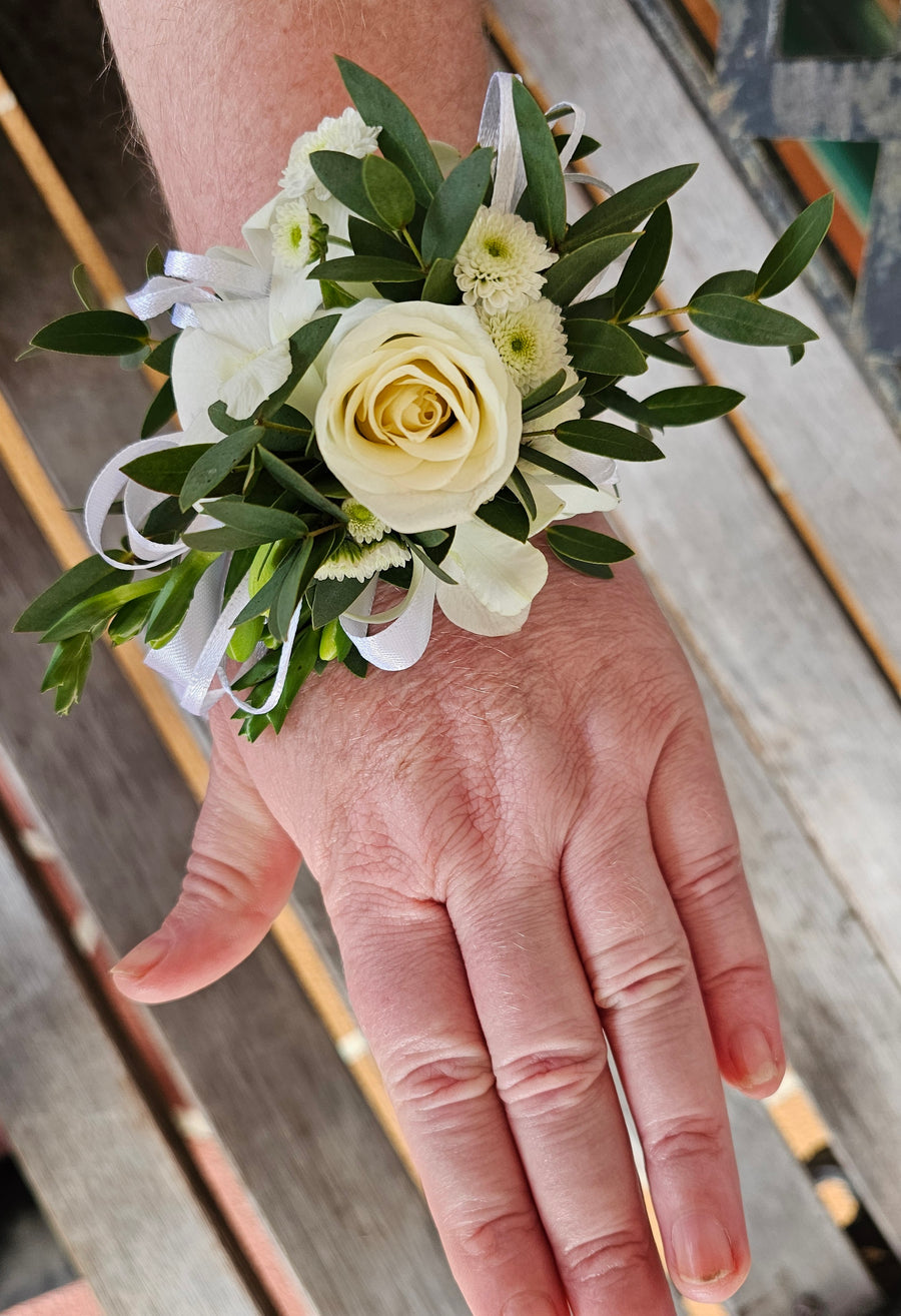 Handcrafted Fresh Floral Corsages - White & Green