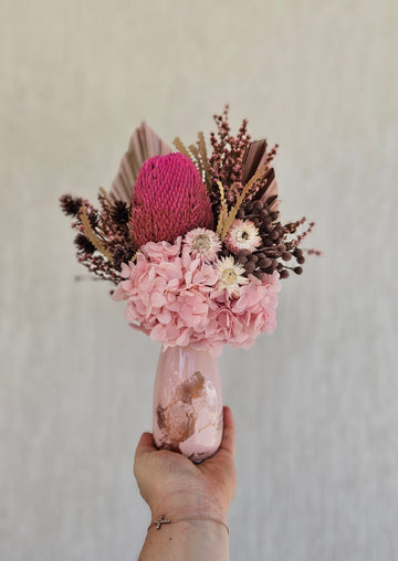 Dry Flower Posy set in Painted Vase - Pink Tones