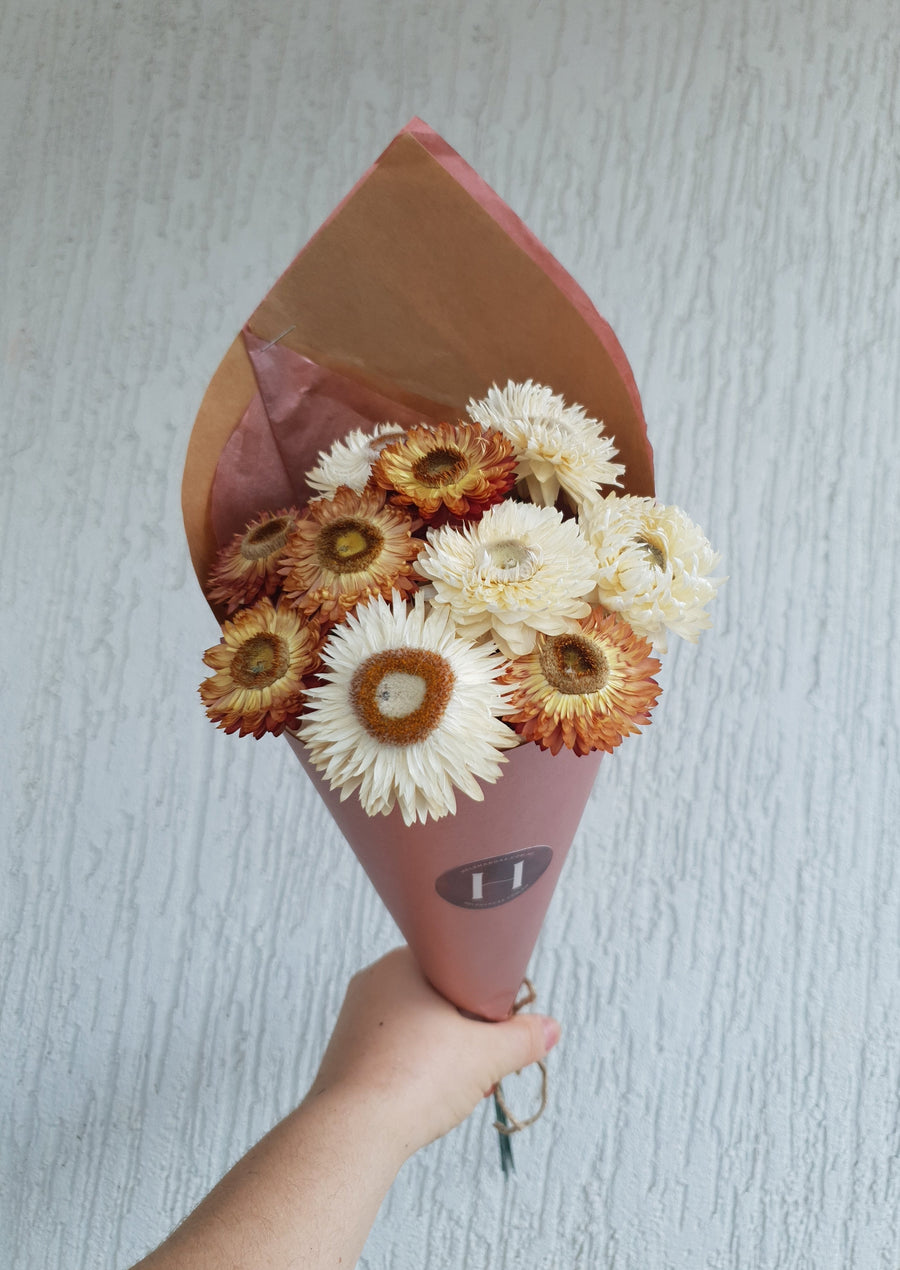 Straw Flower Bouquets - Dried - Everlasting - White and Orange Mix