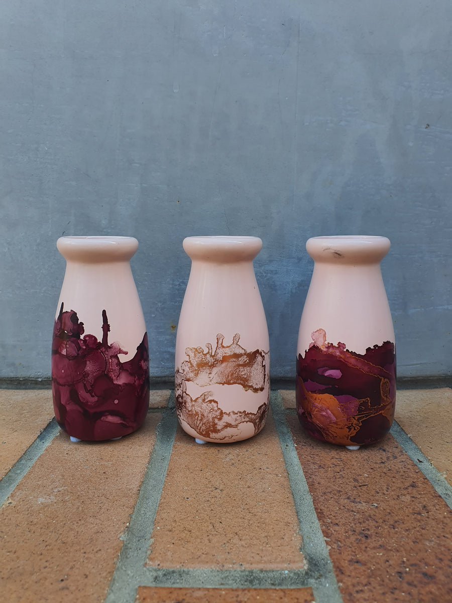 Milk bottle vase - Hand painted - Pink and Rose Gold