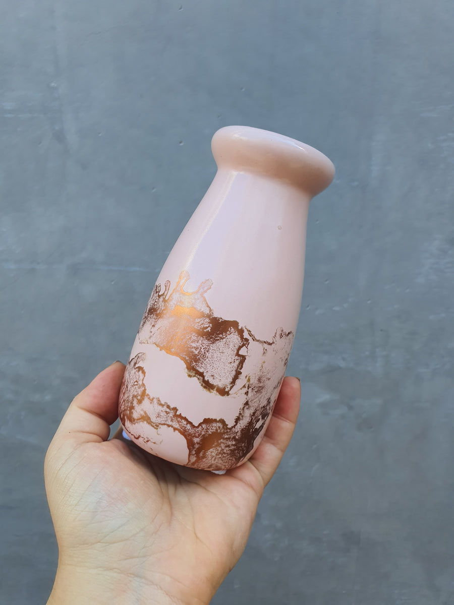 Milk bottle vase - Hand painted - Pink and Rose Gold