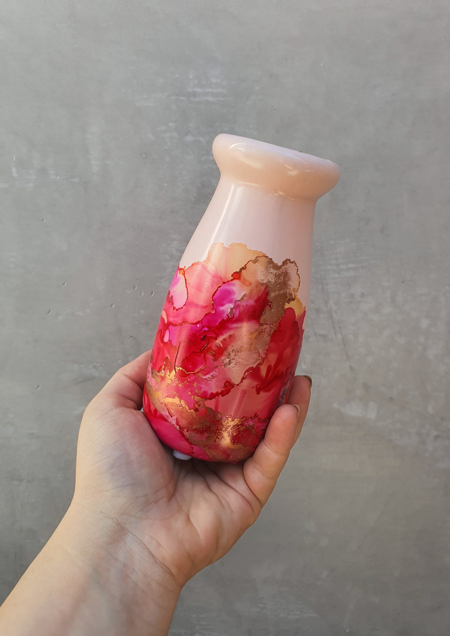 Milk bottle vase - Hand painted - Pink
